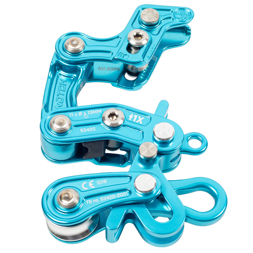 A limited edition teal Notch Rope Runner Pro work positioning device for climbing, showing its multiple components and sleek design.