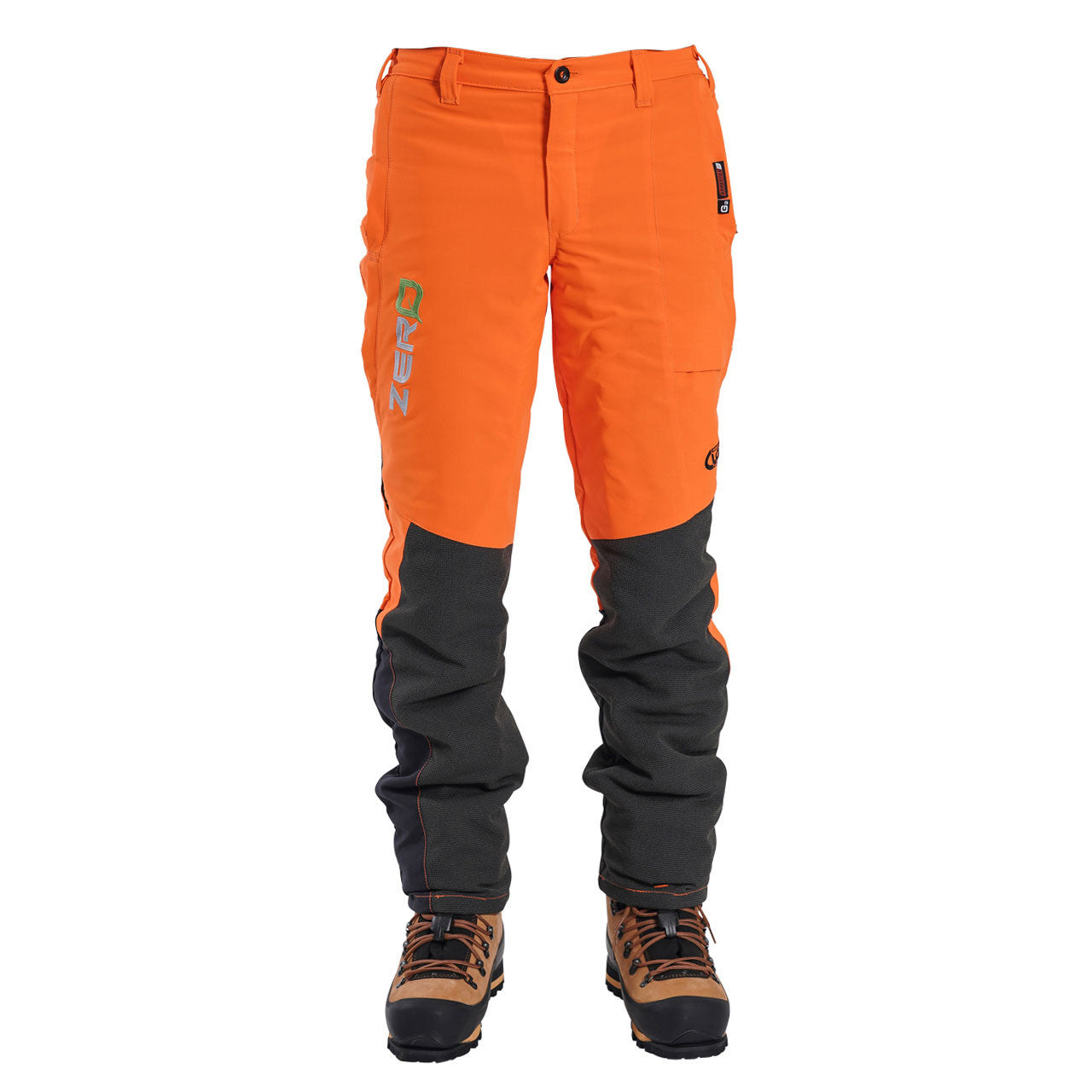 Clogger Zero Gen2 Light and Cool Men's Chainsaw Pants- Hi Vis Orange - Front + 360 Calf Protection.