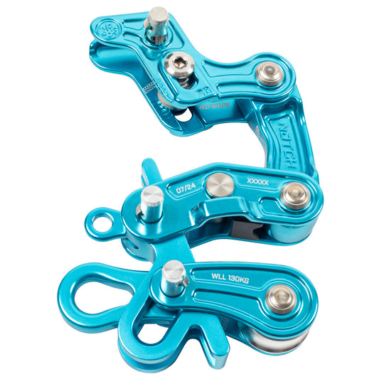 A limited edition teal Notch Rope Runner Pro work positioning device for climbing, showing its multiple components and sleek design.