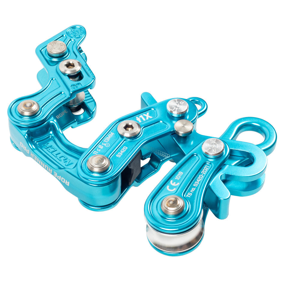 A limited edition teal Notch Rope Runner Pro work positioning device for climbing, showing its multiple components and sleek design.